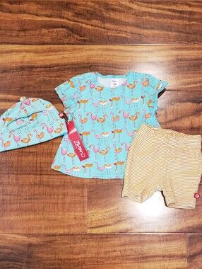 Zutano NWT, EUC 12 months flamingo top, orange striped bike shorts, flamingo hat